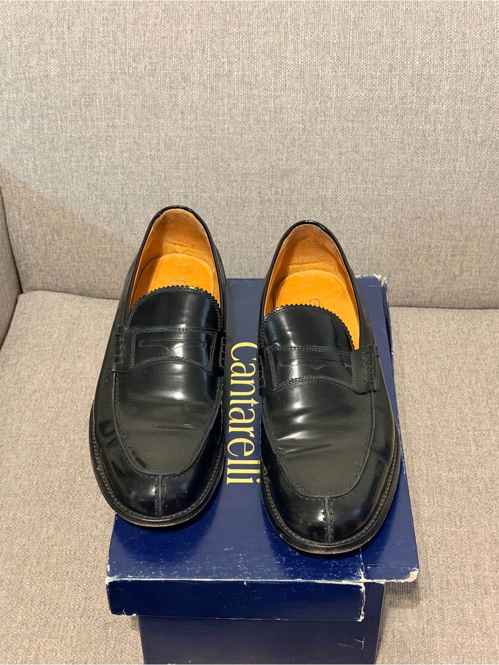 Cantarelli Black Leather Penny Loafers with Tan Interior